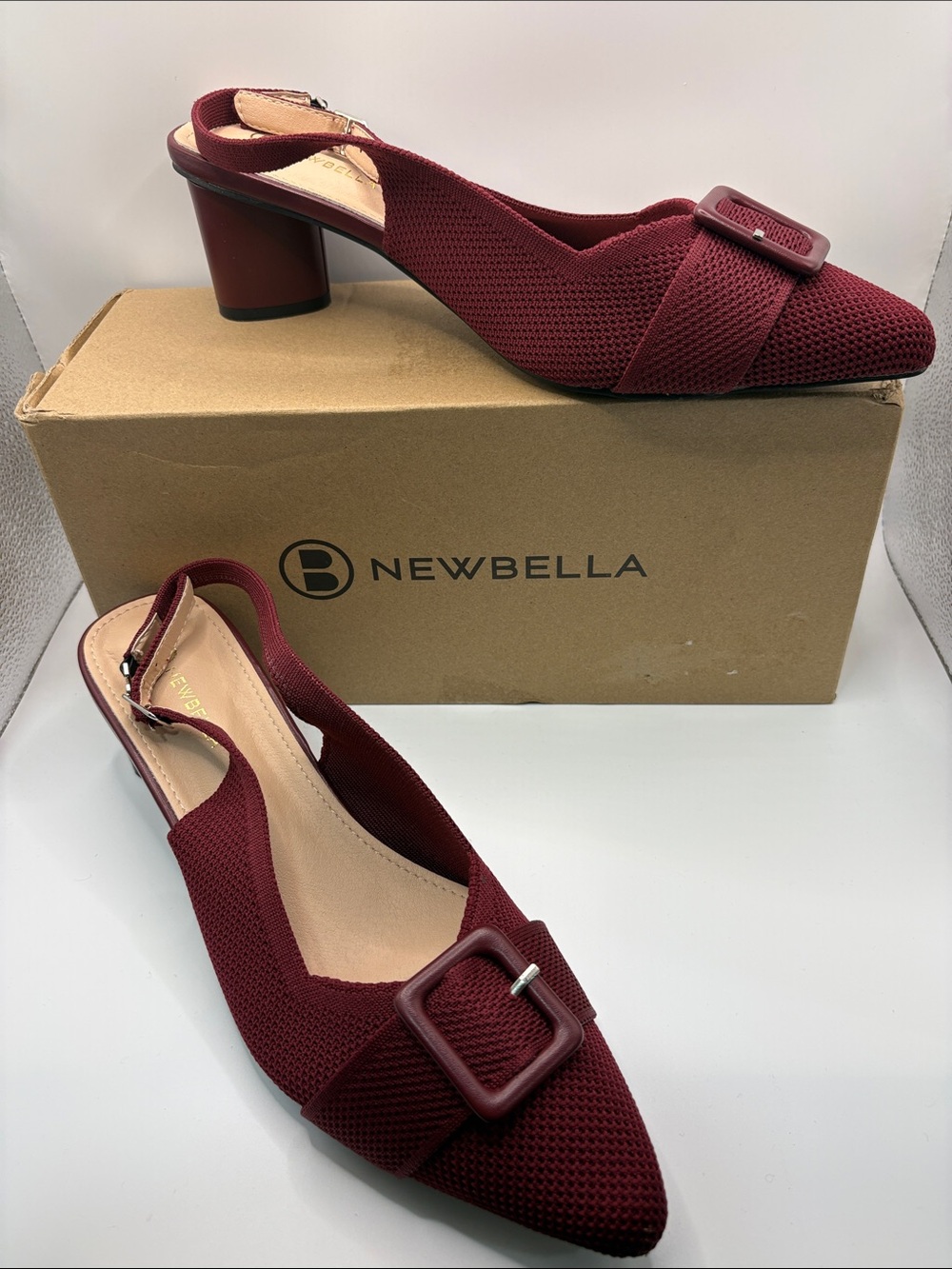 Newbella Women's Burgundy Slingback Block Heel Pumps with Buckle